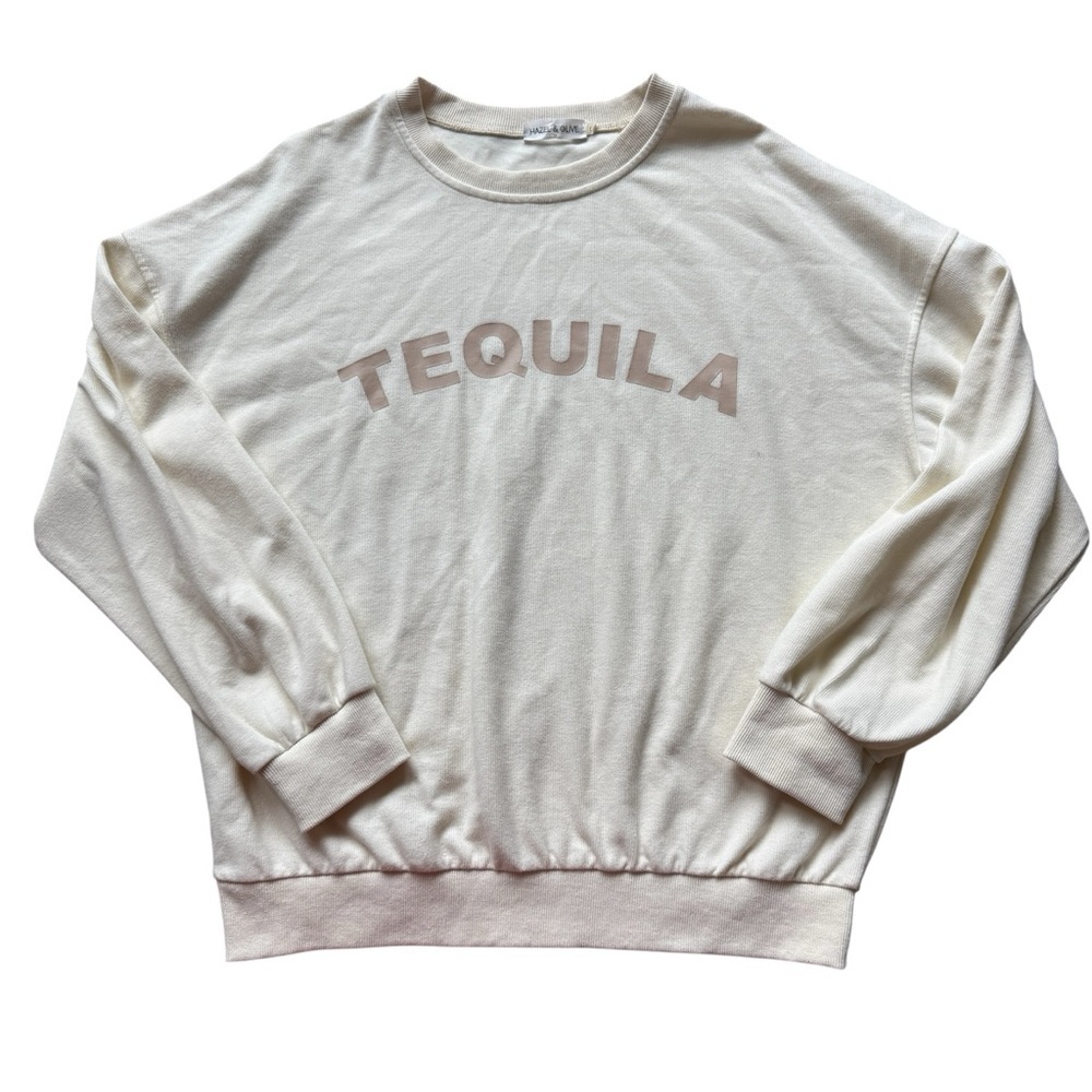 Hazel & Olive “TEQUILA” Graphic Sweatshirt Cream Neutral Loungewear Pullover S